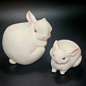 Partylite Mama & Baby Bunny Tealight Candleholders Natures Love white rabbits